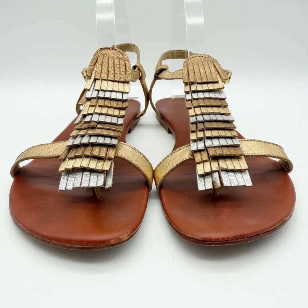 Matt Bernson Gold Silver Metallic Fringe Leather Ankle Strap Flat Sandals US 8